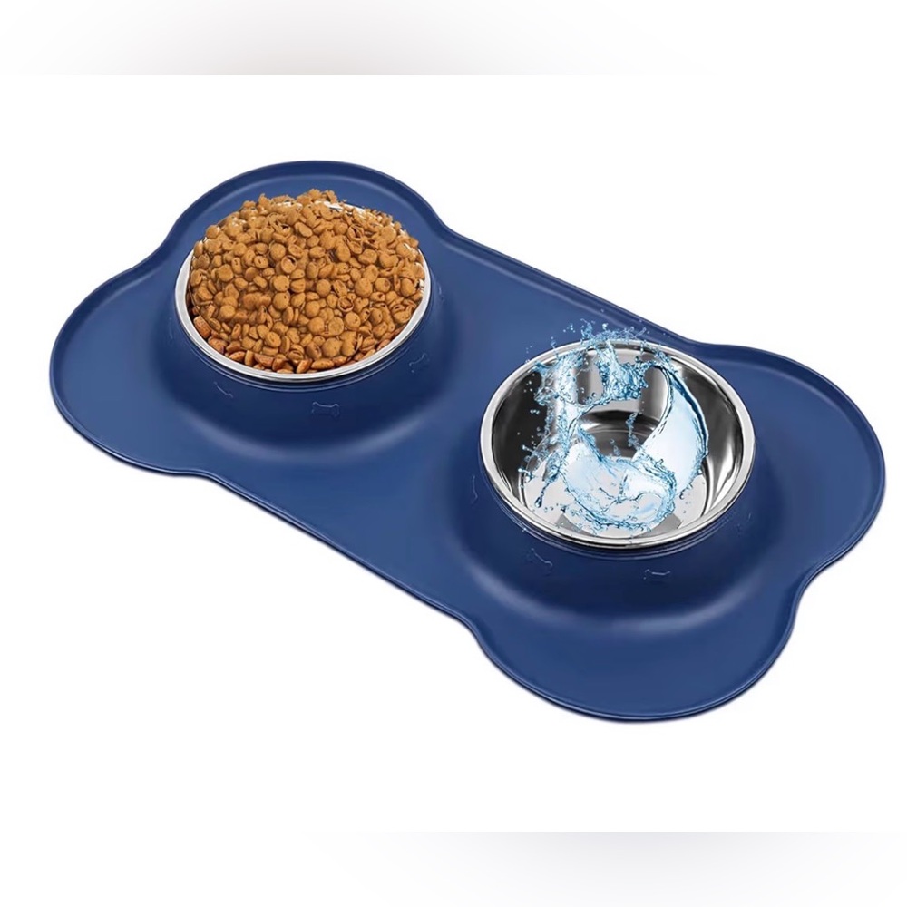 ASFROST Dog Food and Water Bowl Set in Blue - Size SMALL